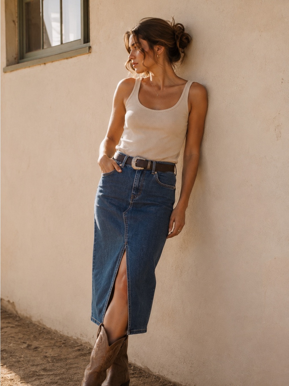 ONLY | Cotton Blend Denim Skirt | Front-Slit Midi Denim Skirt